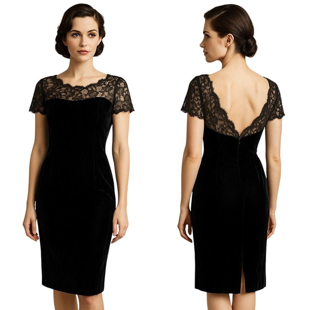 1960s Black Velvet Cocktail Dress with Lace Illusion Neckline β Unbranded large